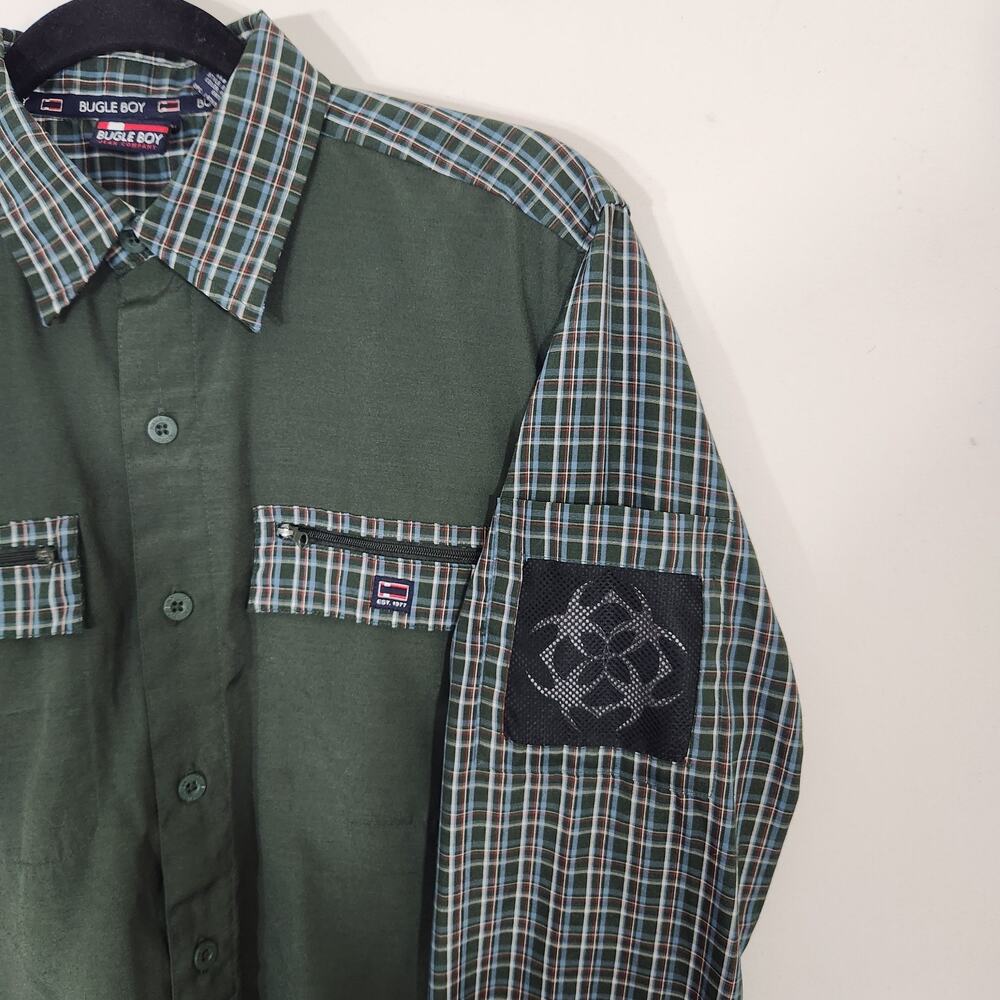 Vintage 2002 Bugle Boy Shirt Men's Size S Green Blue Plaid Sleeve Button Up Y2K - Picture 5 of 11